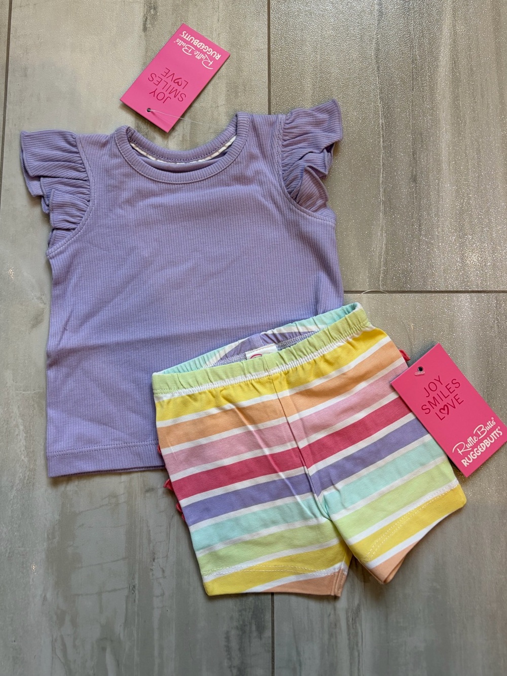NWT RuffleButts Rainbow Parade Play Shorts & Purple Flutter Top Set Girls 3-6M